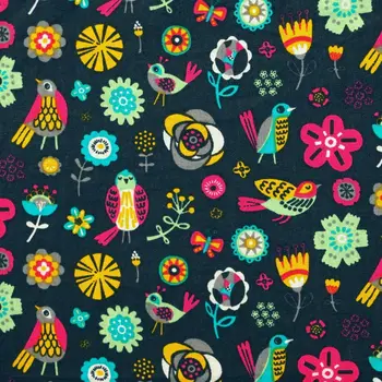 1 ярд хлопчатобумажной ткани для ткани, сумки, постельного белья, птицы и цветка на темно-синем фоне, ширина = 108 см