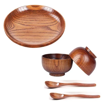 4 Шт. Деревянная миска и ложка ручной работы и 1 шт. посуда Бытовая Гладкая деревянная форма для хлеба