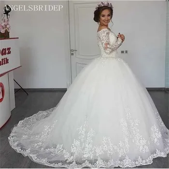 ANGELSBRIDEP Гламурное бальное платье с вырезом лодочкой и длинным рукавом, свадебные платья, Vestido Novias, свадебное платье с аппликацией на заказ
