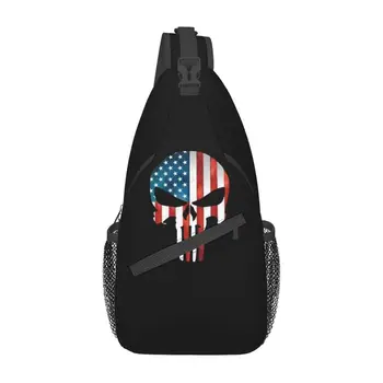 Американский флаг Скелет Каратели Череп Слинг Нагрудная сумка через плечо Мужской повседневный рюкзак через плечо для путешествий на велосипеде