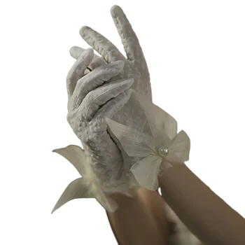 Белые Свадебные Перчатки Длиной до Запястья Без Пальцев для Невесты С Жемчугом И Бантом, Свадебные Аксессуары