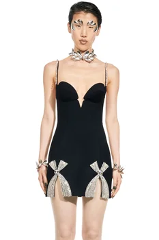 Высококачественное женское мини-платье без рукавов с сексуальным ремешком, облегающее мини-платье с бриллиантовой повязкой для ночного клуба, праздничное платье Celerate Высокого качества
