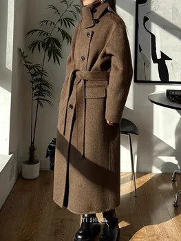 Высококачественное коричневое пальто Maillard с воротником-стойкой, свободное двустороннее шерстяное кашемировое пальто серого цвета, длинное женское шерстяное пальто на шнуровке