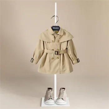 Для Малышей, Осенне-Зимний Тренч Для Маленьких девочек, Детская Однотонная Куртка В Корейском Стиле, Двубортное Пальто с длинными рукавами и поясом