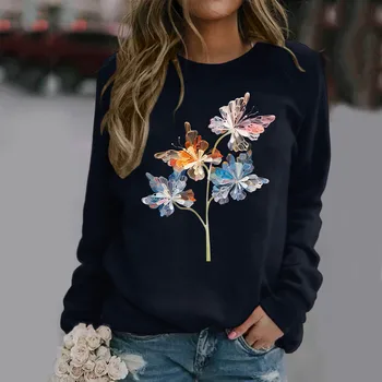 Женская рубашка с собачкой, женский повседневный реглан с круглым вырезом, пуловеры с длинными рукавами и принтом бабочки, толстовки с пышными рукавами