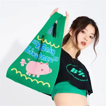 Женская сумка на запястье Cute Rabbit Piggy Knot, вязаная сумочка ручной работы, повседневная сумка-тоут большой емкости, студенческие многоразовые сумки для покупок