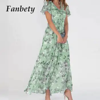 Женское повседневное шифоновое вечернее платье с коротким рукавом, Элегантные женские длинные платья с цветочным принтом, модное пляжное платье макси с V-образным вырезом для похудения