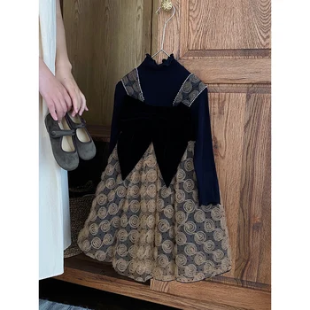 Комплекты элегантных сетчатых платьев принцессы для маленьких девочек, платья трапециевидной формы без рукавов с 3D цветочными аппликациями и большим бантом + Черные рубашки с высоким воротом и рюшами
