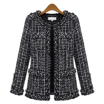 Осенне-зимний черно-белый клетчатый твид Женская куртка больших размеров Нишевый дизайн Модный тренд
