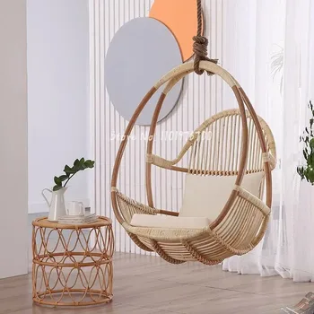 Скандинавская простая подвесная корзина для балкона из настоящего ротанга, сетка для качелей, красная мебель для патио из ротанга ручной работы, подвесная мебель для дома в семье