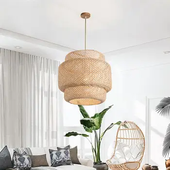 Современная бамбуковая люстра ручной работы, абажур, подвесной светильник, обеденный светильник без лампы