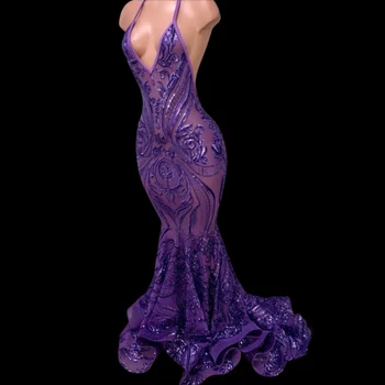 Фиолетовые сексуальные вечерние платья Женское платье русалки на День рождения, прозрачное платье для выпускного вечера с открытой спиной, длинное бальное платье