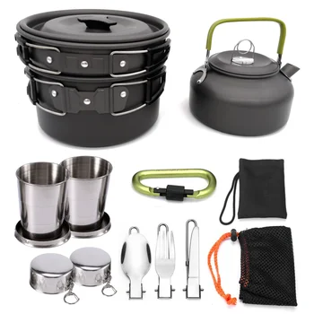 1 Комплект уличных кастрюль, сковородок, походной посуды, набор для приготовления пищи для пикника, Антипригарная посуда со складной ложкой, вилкой, ножом, Чашка для чайника