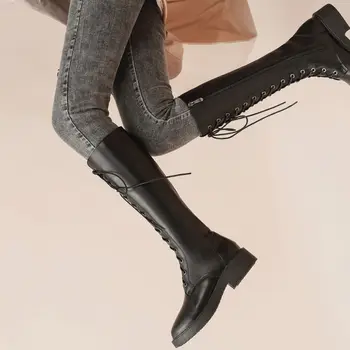 2022 Новые Сапоги до колена для Женщин, Модная Обувь в готическом Стиле, Высокие Сапоги из Искусственной кожи На Квадратном Каблуке, Дизайнерская обувь на шнуровке, botas de mujer