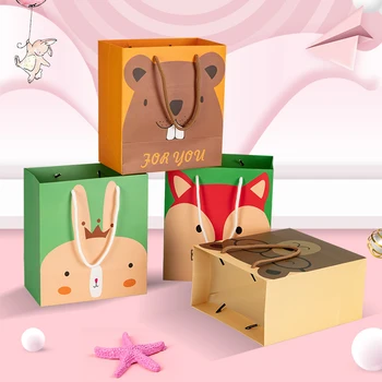 4 шт./лот Подарочные пакеты для животных в картонной упаковке с кроликом, Бумажный пакет для конфет и печенья для детей, Вечеринка в честь дня рождения животных в лисьей тематике, DIY Упаковочные материалы