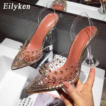 Eilyken, Модные женские туфли-лодочки с заклепками, Сандалии 2024, Летние пикантные вечерние туфли на высоком каблуке с прозрачным ремешком сзади из ПВХ, с острым носком