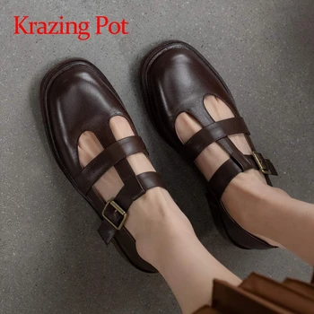 Krazing Pot/ натуральная кожа, круглый носок, низкий каблук, неглубокий винтажный уютный однотонный элегантный дизайн, повседневная одежда, ремешки с пряжкой, женские туфли-лодочки L15