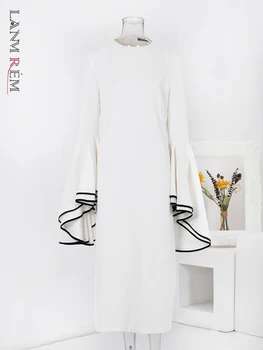 LANMREM Элегантное вечернее длинное платье для женщин с круглым вырезом контрастного цвета и расклешенными рукавами, белые платья, мода 2024, весенняя новинка 32C450