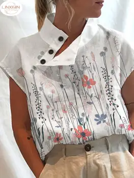 LINXIQIN Летняя блузка для отдыха, женские топы с винтажным цветочным принтом, белые блузки с коротким рукавом, повседневные блузки с разрезом на пуговицах и воротником-стойкой