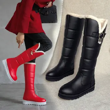 QPLYXCO Россия, Зимние теплые меховые пинетки, водонепроницаемые женские зимние ботинки на плоской подошве с круглым носком и платформой до колена на меховой подкладке.
