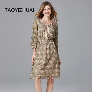TAOYIZHUAI новое летнее поступление, винтажное кружевное женское платье с V-образным вырезом, прямое, большого размера, три четверти, элегантное вечернее женское платье 14140