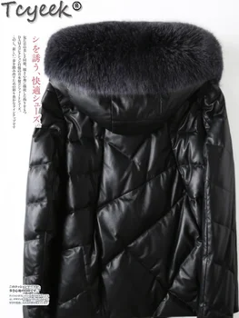Tcyeek Пуховик из натуральной кожи Женская одежда с теплым воротником из лисьего меха 2023 Зимние куртки для женщин, пуховик из овчины с капюшоном