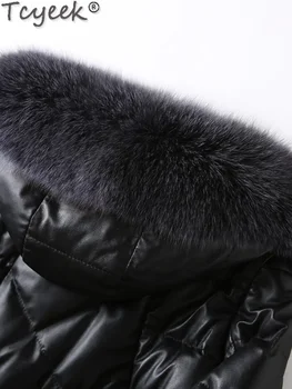 Tcyeek Пуховик из натуральной кожи Женская одежда с теплым воротником из лисьего меха 2023 Зимние куртки для женщин, пуховик из овчины с капюшоном
