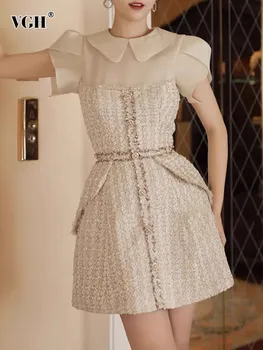 VGH твердые кнопка лоскутная элегантный твид платье для женщин нагрудные с коротким рукавом высокой талией темперамент линии платья, женский стиль