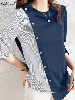 ZANZEA Женская рубашка в полоску в стиле пэчворк, повседневная блузка на пуговицах, осенний топ с круглым вырезом, модная асимметричная туника с длинным рукавом, Осень 2023 г.