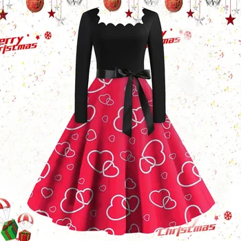 Веселого Рождества Винтажное платье Женское с квадратным вырезом, платье средней длины, с длинным рукавом, волнистый вырез, Рождественское повседневное платье на молнии с бантом