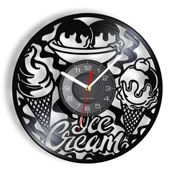 Вывеска магазина мороженого Настенные часы Украшение кухни Современный дизайн Рожок мороженого Десерт Винтажная виниловая пластинка Настенные часы