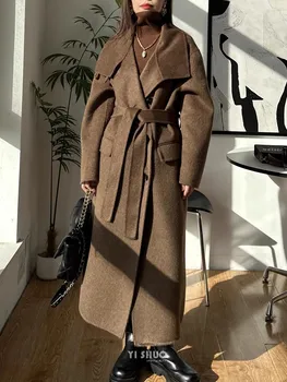 Высококачественное коричневое пальто Maillard с воротником-стойкой, свободное двустороннее шерстяное кашемировое пальто серого цвета, длинное женское шерстяное пальто на шнуровке