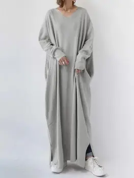 Европейская, американская и ближневосточная мода, повседневное женское трикотажное платье с V-образным вырезом и длинными рукавами, мусульманский халат-кафтан