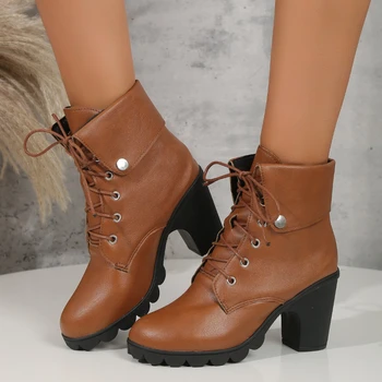 Женская обувь в продаже 2023 г., Высококачественные Зимние Современные Ботинки На шнуровке, Однотонные Ботинки На каблуке с круглым носком, Большие Размеры, Zapatos Mujer