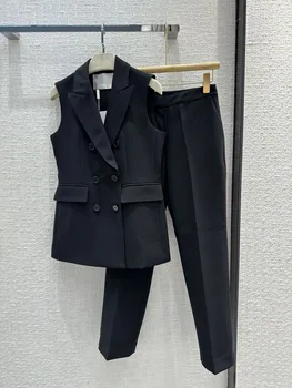 Женская одежда 2023 года, Элегантный двубортный жилет в паре с маленькими прямыми брюками, костюм Осень-зима, Новинка