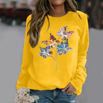 Женская рубашка с собачкой, женский повседневный реглан с круглым вырезом, пуловеры с длинными рукавами и принтом бабочки, толстовки с пышными рукавами