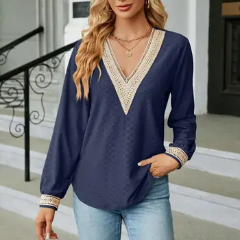 Женская свободная футболка, стильный женский пуловер в стиле пэчворк с V-образным вырезом, мягкая повседневная футболка средней длины, блузка для модных женщин весны-осени