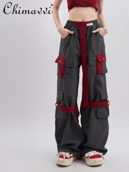 Женские брюки-карго контрастного цвета с несколькими карманами 2023, Весенне-осенний модный бренд, Прямые Свободные повседневные брюки, женские