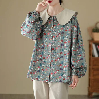 Женские рубашки с принтом, кукольный воротник, винтажные кардиганы оверсайз, повседневная блузка с длинными рукавами, Корейские модные женские топы свободного кроя