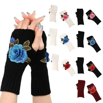 Женские спортивные перчатки хорошего качества, теплые вязаные перчатки без пальцев, Трансформируемые варежки, модные цветы