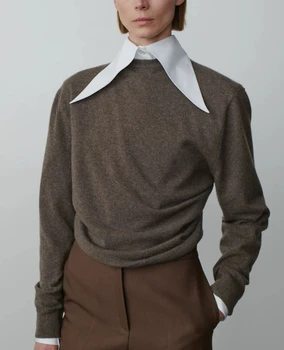 Женский вязаный свитер 2023, Весна-осень, новинка, со складками на спине, уникальный шерстяной вязаный однотонный топ, шикарный и элегантный