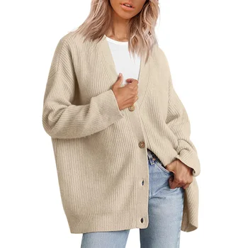 Женский простой и универсальный модный вязаный женский однотонный свитер с V-образным вырезом на пуговицах