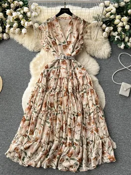 Женское летнее платье во французском стиле с V-образным вырезом без рукавов в цветочек в стиле ретро, Нишевое, высококлассное и уникальное Легкое роскошное платье D3813