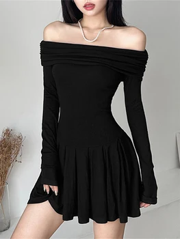 Женское облегающее мини-платье Edhomenn, черное вечернее платье с плиссированным подолом и длинным рукавом, модное мини-платье Y2k с открытыми плечами