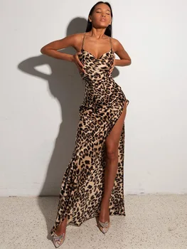 Женское платье-цепочка с леопардовым принтом, Макси-платье с разрезом сбоку, Облегающее платье с открытой спиной, фестиваль сексуальной уличной одежды 2023, Элегантный Вечер