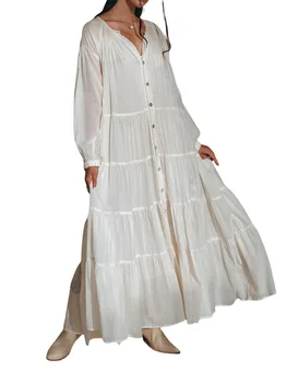 Женское повседневное платье макси в стиле бохо с рукавом-фонариком, V-образным вырезом и пуговицами спереди, Многоуровневое струящееся платье трапециевидной формы, весенне-осеннее платье