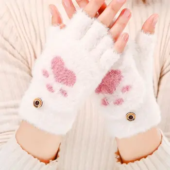Зимние теплые перчатки для девочек, милые плюшевые и толстые перчатки с котенком, ветрозащитные перчатки с большой эластичностью, зимние перчатки на половину пальца, женские перчатки