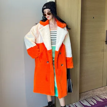 Зимняя женская Корейская повседневная Оранжевая Длинная Женская шуба из искусственного меха, лоскутное пальто контрастного цвета с лацканами, пальто из искусственного меха с длинным рукавом