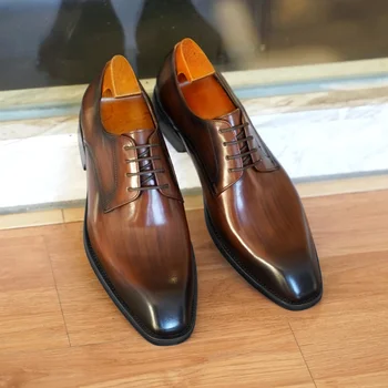 Итальянские мужские модельные туфли на плоской подошве, брендовая роскошная натуральная кожа, Качественная ручная работа, Квадратный носок, Шнуровка, Новая деловая обувь для вечеринок