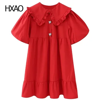 Красное платье HXAO, женское мини-платье с коротким рукавом, милое платье для девочек, платье с оборками и бантом, свободное новое платье в платьях, элегантное женское платье 2024